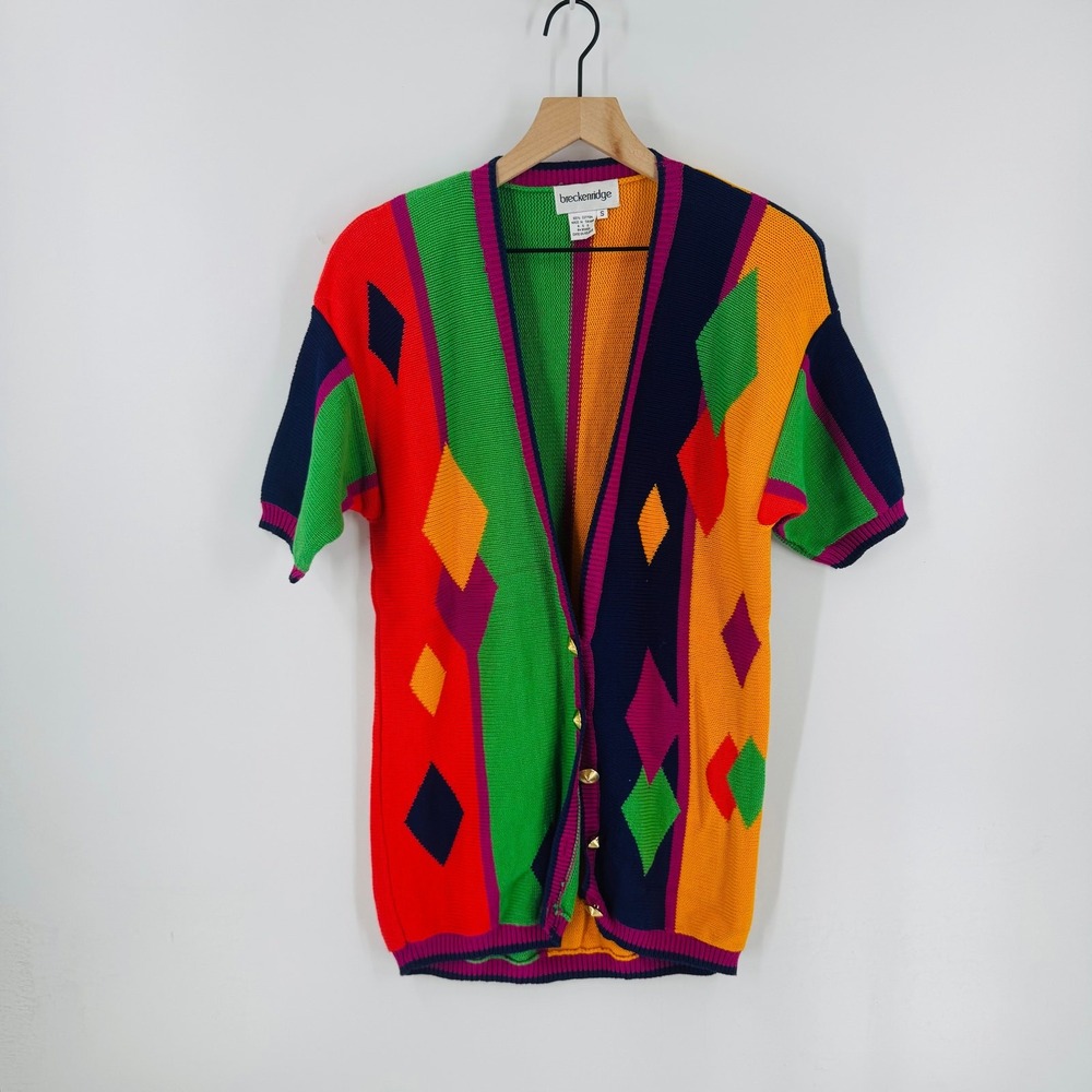 Vintage‎ Geometric Colorblock Cardigan 100% Cotton Knit Short Sleeve Size Small